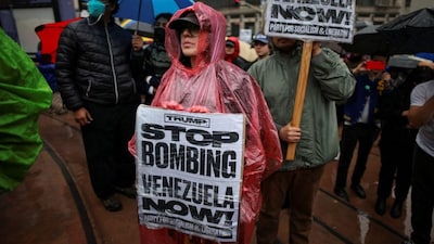 People protest against the US strikes on Venezuela and the capture of Venezuelan President Nicolas Maduro, during an anti-war rally in Los Angeles, California, US, on January 3. Reuters