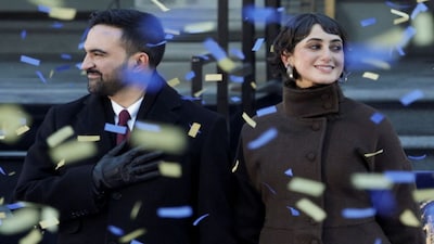 New York City Mayor Zohran Mamdani and his wife Rama Duwaji  are all smiles as confetti falls during his inauguration ceremony in New York City. Reuters