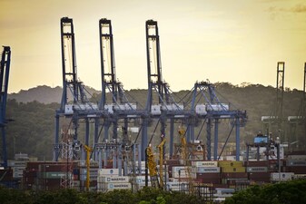 View of the Port of Balboa, managed by CK Hutchison Holdings, based in Hong Kong, located at the entrance to the Panama Canal in Panama City, on March 12, 2025. (Photo by MARTIN BERNETTI / AFP)