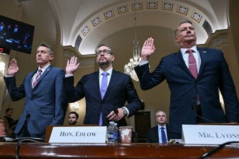 (L/R) Rodney Scott, Commissioner of US Customs and Border Protection (CBP), Joseph Edlow, Director of US Citizenship and Immigration Services (USCIS), and Todd Lyons, acting director of US Immigration and Customs Enforcement (ICE), are sworn in during a House Committee on Homeland Security hearing on Oversight of the Department of Homeland Security on Capitol Hill in Washington, DC, on February 10, 2026. (Photo by ANDREW CABALLERO-REYNOLDS / AFP)
