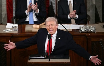 US President Donald Trump gestures as he delivers the State of the Union address in the House Chamber of the US Capitol in Washington, DC, on February 24, 2026. (Photo by Brendan SMIALOWSKI / AFP)