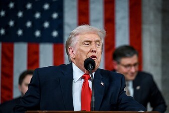 US President Donald Trump delivers the first State of the Union address of his second term to a joint session of Congress in the House Chamber of the United States Capitol in Washington, DC, on February 24, 2026. (Photo by Kenny HOLSTON / POOL / AFP)