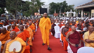 Buddhist monks gather to stage a protest demanding more respect from the government, in Colombo, Sri Lanka, Friday, Feb. 20, 2026. AP