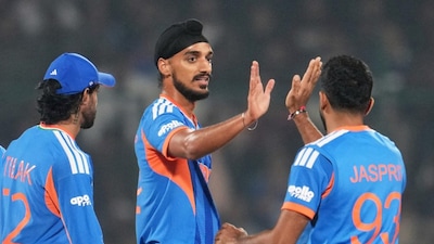 India pacer Arshdeep Singh celebrates with teammates after dismissing Namibian opener Jan Frylinck during their T20 World Cup Group A clash in Delhi. AP