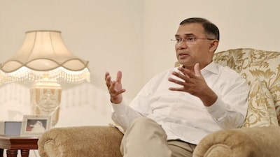 Chairman of the Bangladesh Nationalist Party (BNP) Tarique Rahman gestures during an interview with Reuters ahead of the national election, at his Gulshan office, in Dhaka, Bangladesh, on Friday. Reuters