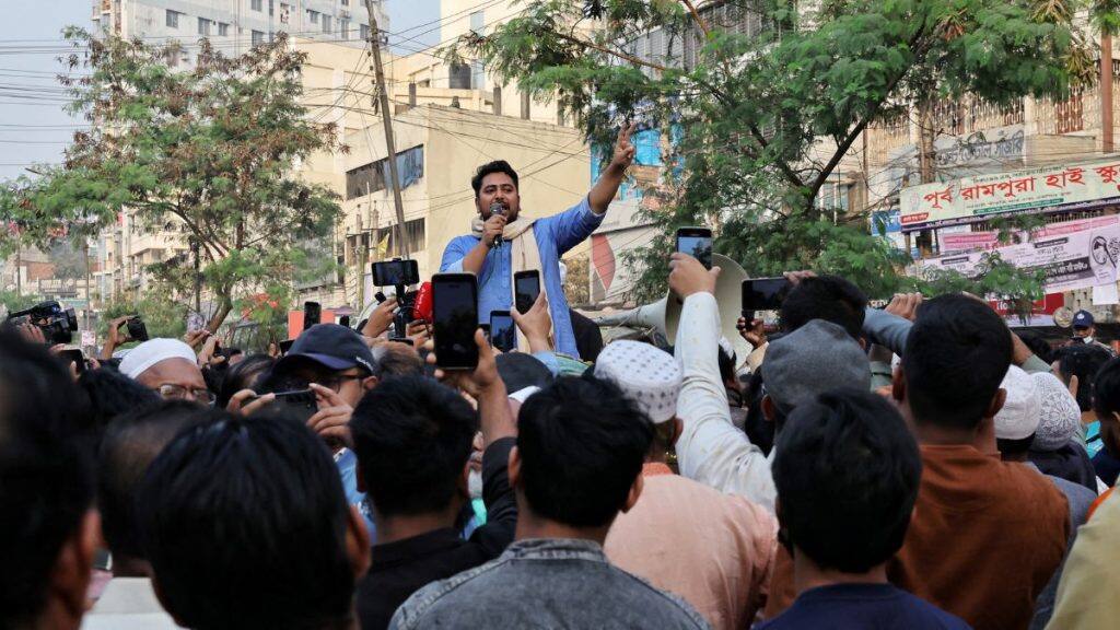 Nahid Islam, the convener of student-led National Citizen Party (NCP) and a candidate for the national election, gives speech during a campaign at Rampura area, in Dhaka, Bangladesh, January 27, 2026. File Image/Reuters