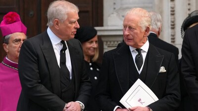 Andrew and King Charles III leave Westminster Cathedral following the funeral of the Duchess of Kent in London on September 16, 2025. (Photo: Joanna Chan/AP)