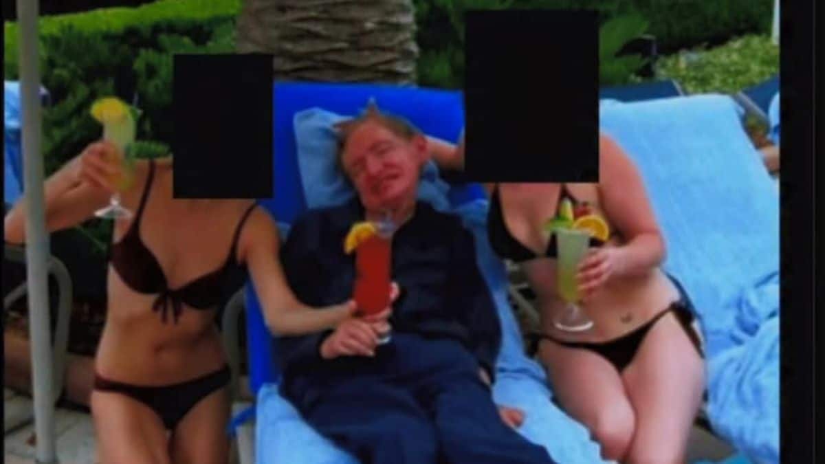 Stephen Hawking relaxing with bikini-clad women. What’s the story behind the image?