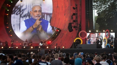 Prime Minster Narendra Modi appears on screen as he speaks on stage during the Global Citizen Festival concert in Central Park in New York, US, September 27, 2014. File Image/Reuters