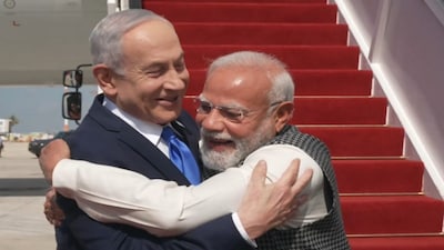 Prime Minister Benjamin Netanyahu receives PM Modi at Ben Gurion Airport in Tel Aviv on Wednesday. Screengrab