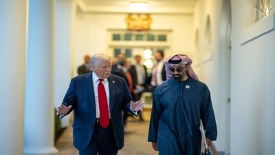US President Trump with Sheikh Tahnoon bin Zayed Al Nahyan, right, and his brother U.A.E. President Sheikh Mohamed bin Zayed Al Nahyan, left, in Abu Dhabi in May. AP