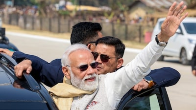 Prime Minister Narendra Modi arrives to attend an aerial show featuring IAF's fighter jets, transport aircraft and helicopters at the Emergency Landing Facility (ELF), in Dibrugarh district, Assam. PTI