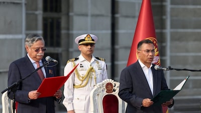 Bangladeshi President Mohammed Shahabuddin administers oath-taking ceremony of Tarique Rahman as the country’s Prime Minister in Bangladesh at the South Plaza of the parliament building , in Dhaka, Bangladesh, on Tuesday. Reuters