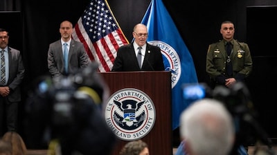 Tom Homan (C), White House Border Czar speaks at a press conference at the Bishop Henry Whipple Federal Building on February 12, 2026 in Minneapolis, Minnesota.- AP