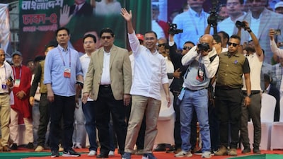 Bangladesh Nationalist Party (BNP) chairman Tarique Rahman waves to supporters during the final day of election campaign rally, ahead of the national election, in Jatrabari, Dhaka, Bangladesh, February 9, 2026. - Reuters