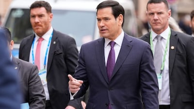 U.S. Secretary of State Marco Rubio walks to a meeting of G7 foreign ministers at the Munich Security Conference in Munich, Germany, Saturday, Feb. 14, 2026. (AP Photo/Alex Brandon, Pool)

