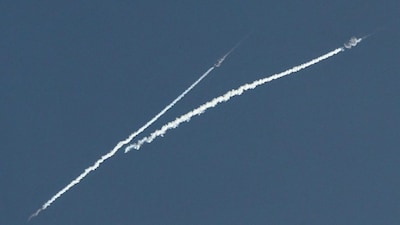 Smoke from a reported rocket interception is seen in the sky over Abu Dhabi on February 28, 2026.- AFP