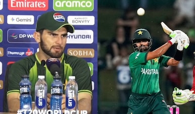 Shaheen Shah Afridi showed no mercy towards Babar Azam as he questioned his partnership with Sahibzada Farhan against England in T20 World Cup 2026. Images: ICC/AP