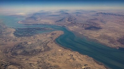 An aerial view of the Iranian shores and the island of Qeshm in the strait of Hormuz, December 10, 2023. File Image/Reuters