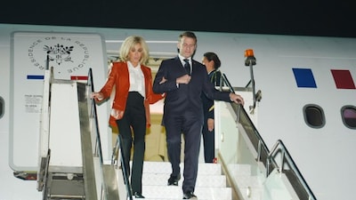 French President Macron and wife arrive in Mumbai (X)