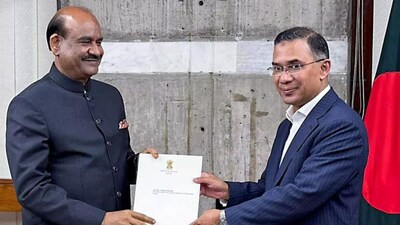 Lok Sabha Speaker Om Birla handing over PM Modi's invitation to Bangladesh PM Tarique Rahman in Dhaka. (ANI)