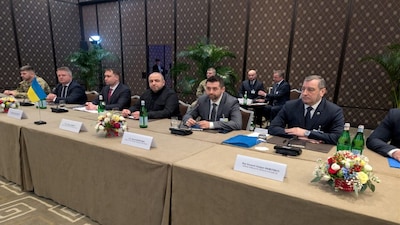 A Ukrainian delegation waits for the start of a meeting on the first day of the third round of trilateral talks between delegates from Ukraine, Russia and the US, amid Russia's attack on Ukraine, in Geneva, Switzerland, on February 17, 2026. Reuters File