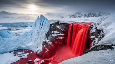 Since its discovery in 1911, a blood-red waterfall in Antarctica’s McMurdo Dry Valleys has stunned researchers with its eerie color. AI generated