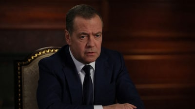 Deputy Chairman of the Russian Security Council Dmitry Medvedev attends an interview with Reuters, TASS and WarGonzo in the Moscow region, Russia. (Reuters)