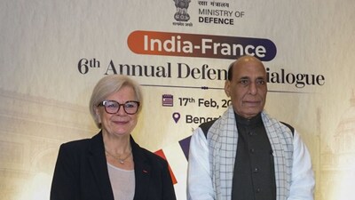 Catherine Vautrin, Minister of the Armed Forces and Veterans Affairs, France, with Defence Minister Rajnath Singh. (X)
