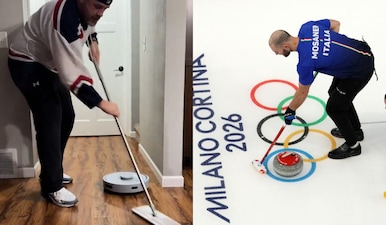 Curling is a sport in which players slide stones, aiming to hit the target. Images: @Playteaux1/Reuters