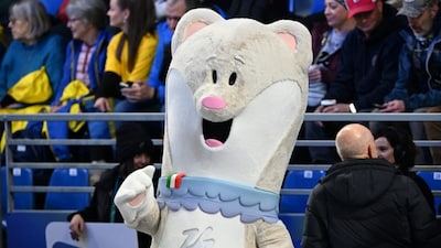 Tina, one of the official mascots of the Milano Cortina 2026 Olympics, ahead of curling matches of Men's Round Robin Session 8. REUTERS