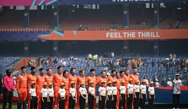 Empty seats could be seen in the background at the Arun Jaitley Stadium. Image: AFP