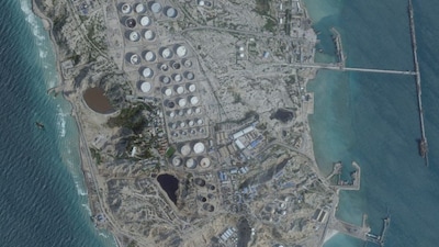 A satellite image shows an oil terminal at Kharg Island, Iran, February 25, 2026. 2026 Planet Labs PBC/Handout via Reuters (File Photo)