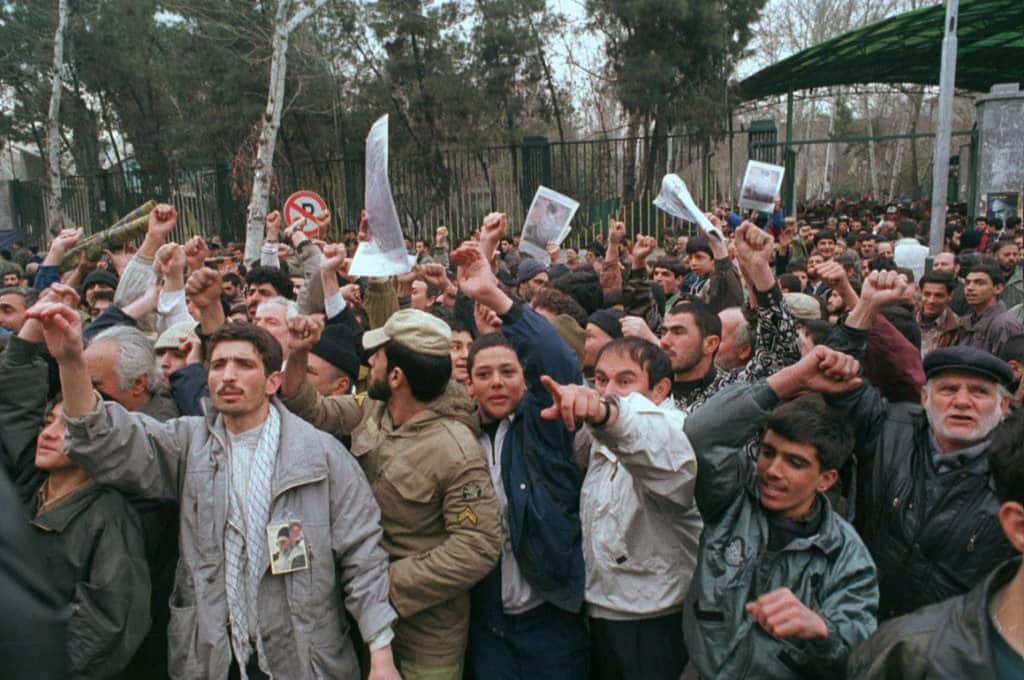 Iranians demonstrate in front of Tehran's University after Friday prayers, shouting slogans against the U.S. military build-up in the Gulf, February 20, 1998. File Image/Reuters