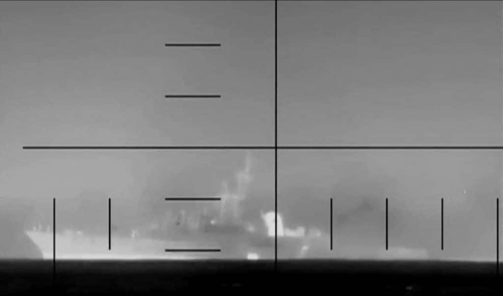 An explosion on what the US Department of Defense says is an Iranian warship, at the sea, in this screengrab obtained from a handout video released on March 4, 2026. US Department of Defence
