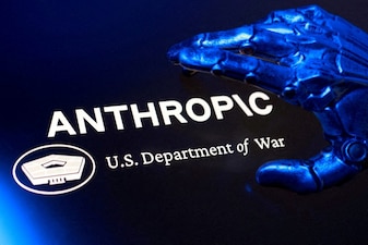 FILE PHOTO: "U.S. Department of War" and Anthropic logos are seen in this illustration taken March 1, 2026. REUTERS/Dado Ruvic/Illustration/File Photo