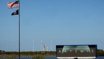 Nasa's next-generation moon rocket, the Space Launch System (SLS) rocket with the Orion crew capsule, sits on Pad 39B ahead of a second launch attempt at the Kennedy Space Center in Cape Canaveral. Reuters