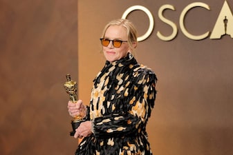 Amy Madigan, winner of the Best Actress in a Supporting Role award for 'Weapons', poses in the press room during the 98th Oscars. File photo/AFP