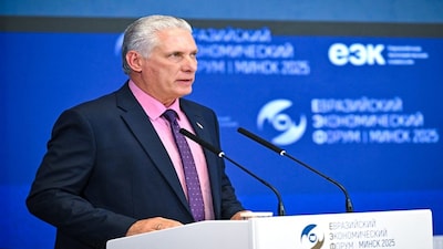Cuban President Miguel Diaz-Canel delivers a speech during a plenary session of the Eurasian Economic Forum in Minsk, Belarus, on June 26, 2025. Reuters File