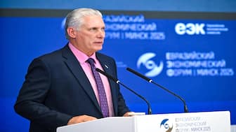 Cuban President Miguel Diaz-Canel delivers a speech during a plenary session of the Eurasian Economic Forum in Minsk, Belarus, on June 26, 2025. Reuters File