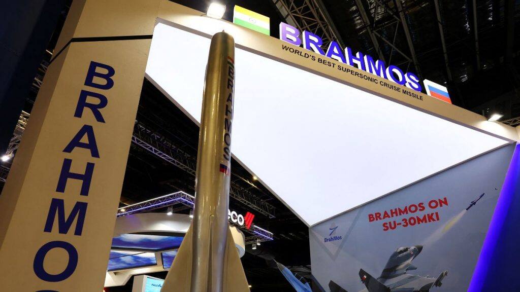 A view of the Brahmos booth at the Singapore Airshow at Changi Exhibition Centre in Singapore, February 21, 2024. File Image/Reuters