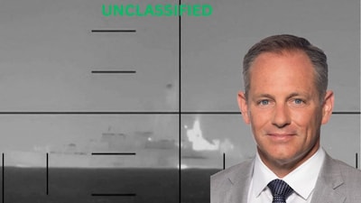 (Left) An explosion on what the US Department of Defense says is an Iranian warship, at the sea, in this screengrab obtained from a handout video released on March 4, 2026 by US Department of Defence; (right) Brent Sadler, a retired United States Navy Captain, 26 years as a nuclear submarine officer, now Senior Research Fellow, Naval Warfare and Advanced Technology, Allison Centre for National Security, Heritage Foundation, United States of America.