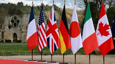 The flags of France, US, Britain, Germany, Japan, Italy, and Canada on the day of the G7 Foreign Ministers' Meeting at Vaux-de-Cernay Abbey in Cernay-la-Ville near Paris, France, on March 26, 2026. (Photo: Stephanie Lecocq/Reuters)