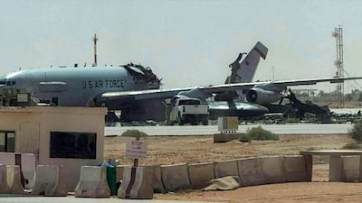 This UGC image posted on social media on March 29, 2026 and verified by AFP staff appears to show a destroyed US Air Force Airborne Warning and Control System (AWACS) aircraft, primarily used for air traffic control, in the aftermath of a projectile strike at Prince Sultan Airbase in Saudi Arabia.- AFP