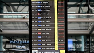 A flight information board reflects cancellations at the Rajiv Gandhi International Airport in Hyderabad on March 1, 2026 as India's two largest private carriers IndiGo and Air India suspended flights to all destinations in the Middle East.- AFP