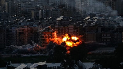 A fireball ascends from the site of an Israeli airstrike that targeted an area in Beirut’s southern suburbs on March 6, 2026.- AFP