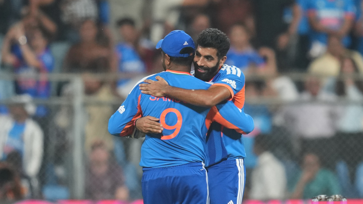 Sanju Samson and Jasprit Bumrah celebrate India's seven-run victory over England in the second semi-final of the ICC T20 World Cup. AP Sanju Samson and Jasprit Bumrah celebrate India's seven-run victory over England in the second semi-final of the ICC T20 World Cup. AP