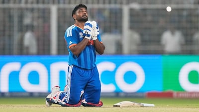 India opener Sanju Samson celebrates after guiding his team to a thrilling five-wicket victory over West Indies with an unbeaten 97 off 50 balls. AP