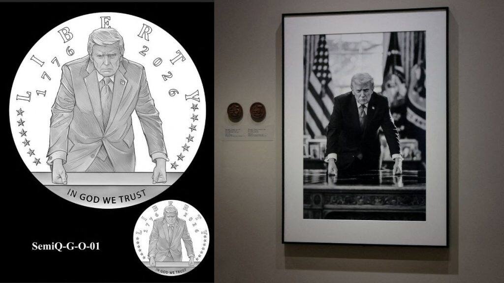 (Left) A Semiquincentennial commemorative gold coin design featuring US President Donald Trump, in this undated handout image. File Image/US Mint via Reuters; (Right) The portrait of US President Donald Trump, taken by official White House photographer Daniel Torok which is the basis of the coin, on display at the Smithsonian National Portrait Gallery in Washington, DC, US, March 19, 2026. File Image/Reuters