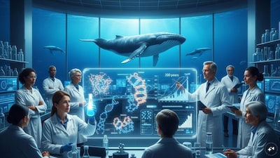 Scientists are doing research on whale protein that could increase the human lifespan to 200 years. AI-generated